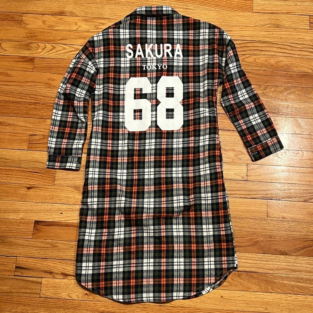 Sakura Tokyo green orange and white Plaid Button Down Flannel Shirt Dress